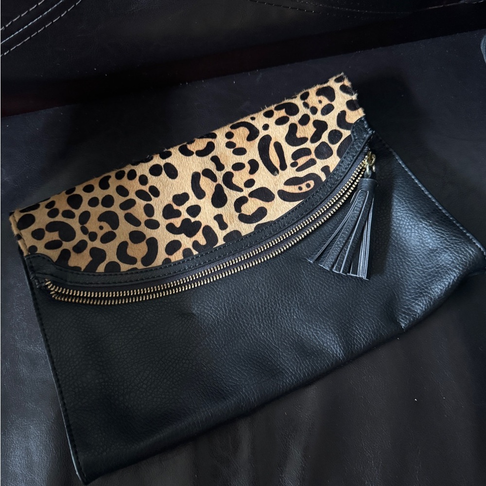 Express Black and Leopard Print Clutch